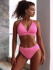 Textured tied halter neck bikini set with removable padding.