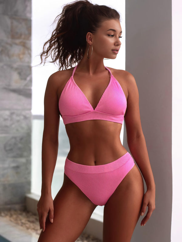 Textured tied halter neck bikini set with removable padding.