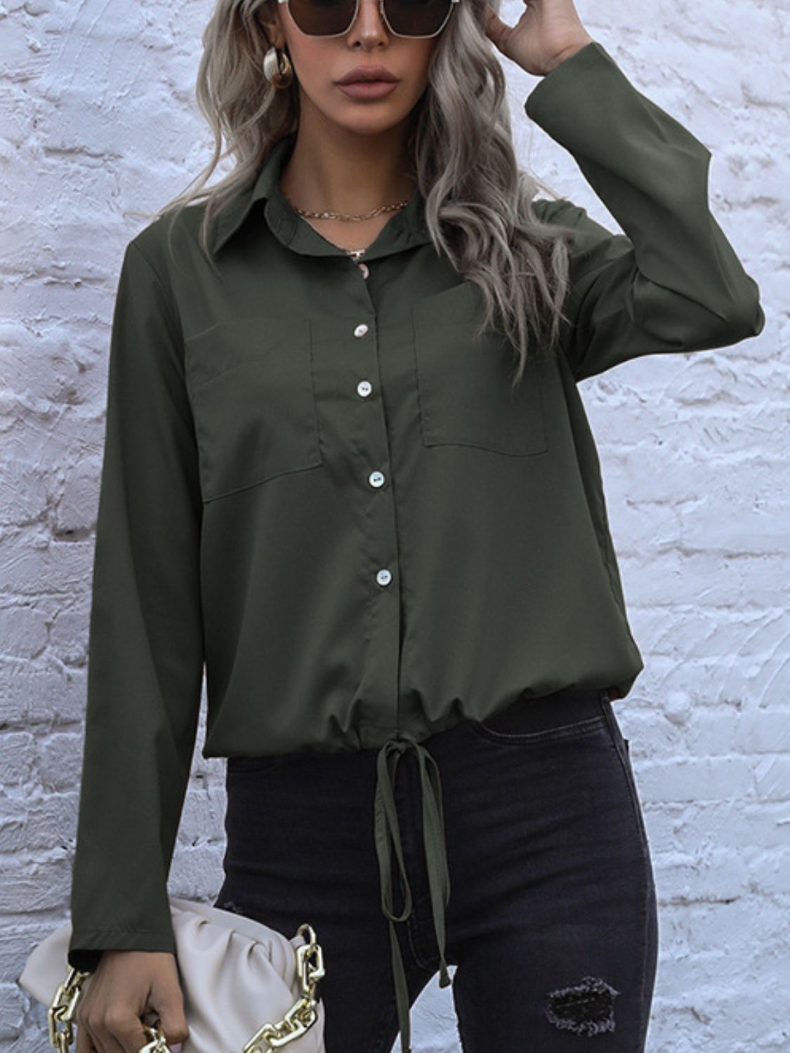 Perfee Tied Hem Button Down Long Sleeve Shirt.