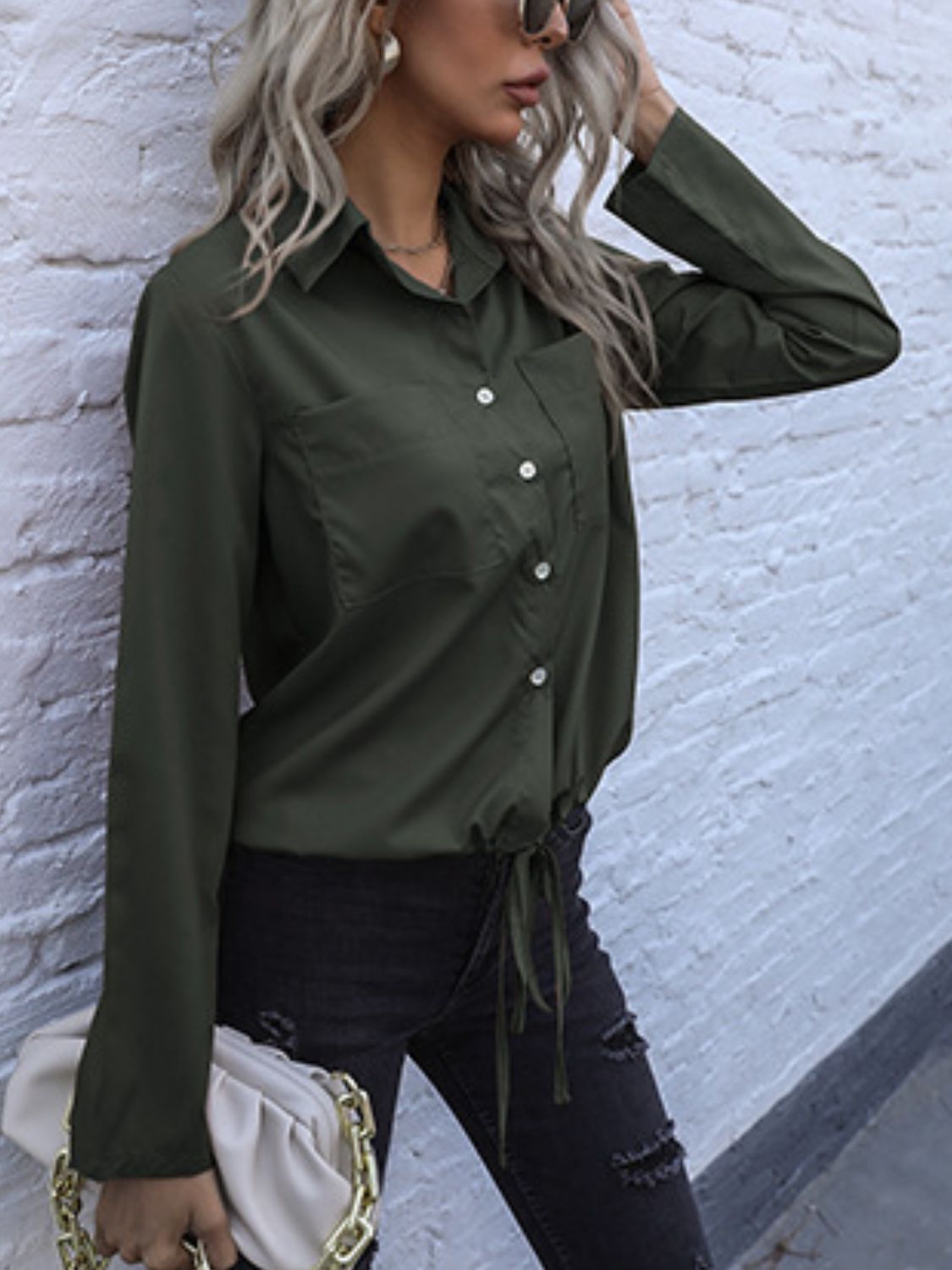 Perfee Tied Hem Button Down Long Sleeve Shirt.