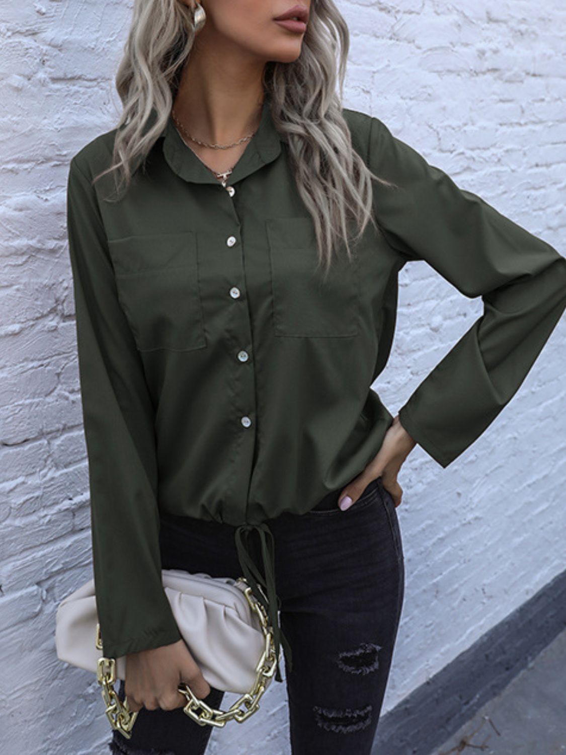 Perfee Tied Hem Button Down Long Sleeve Shirt.