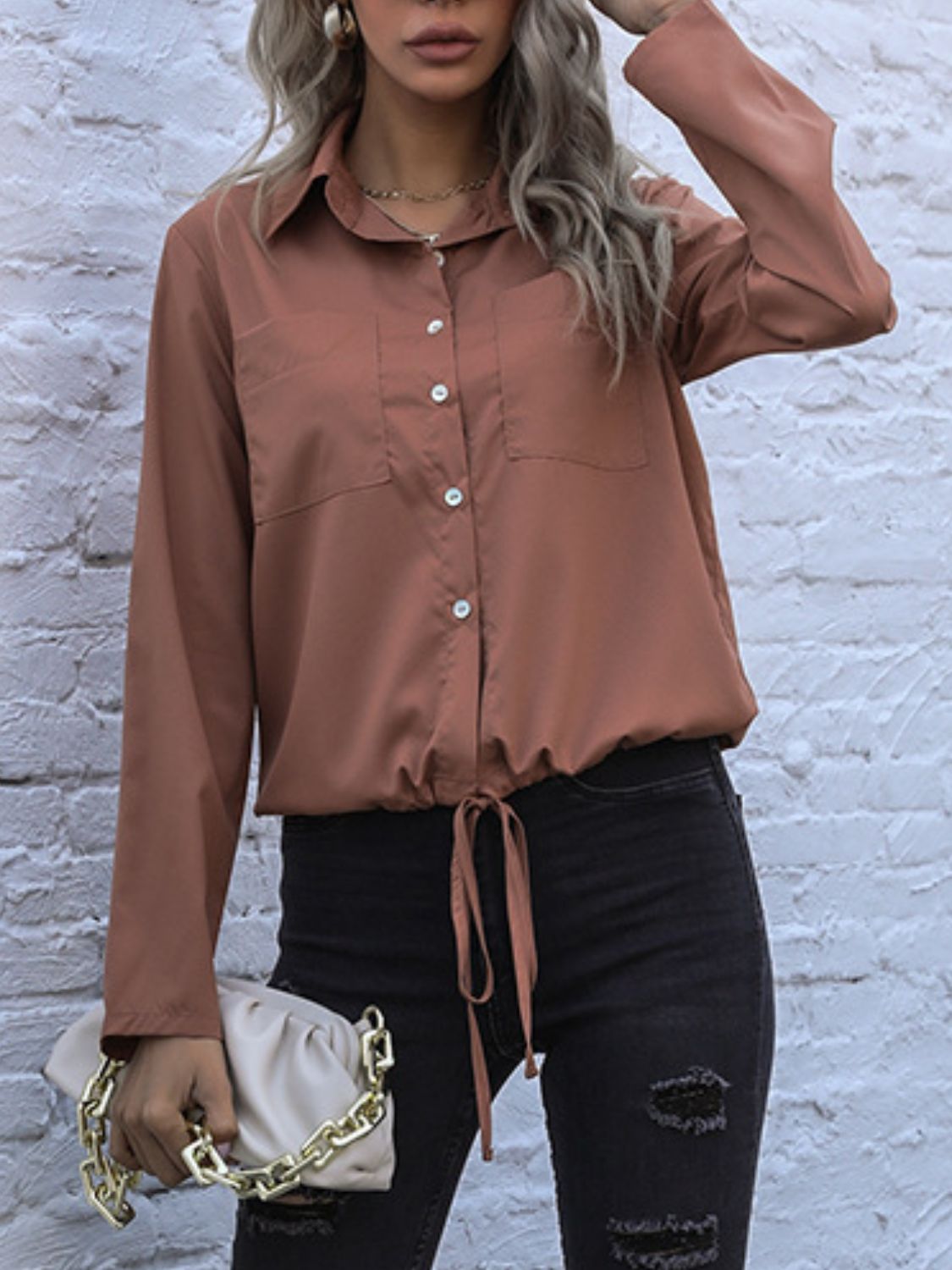 Perfee Tied Hem Button Down Long Sleeve Shirt.