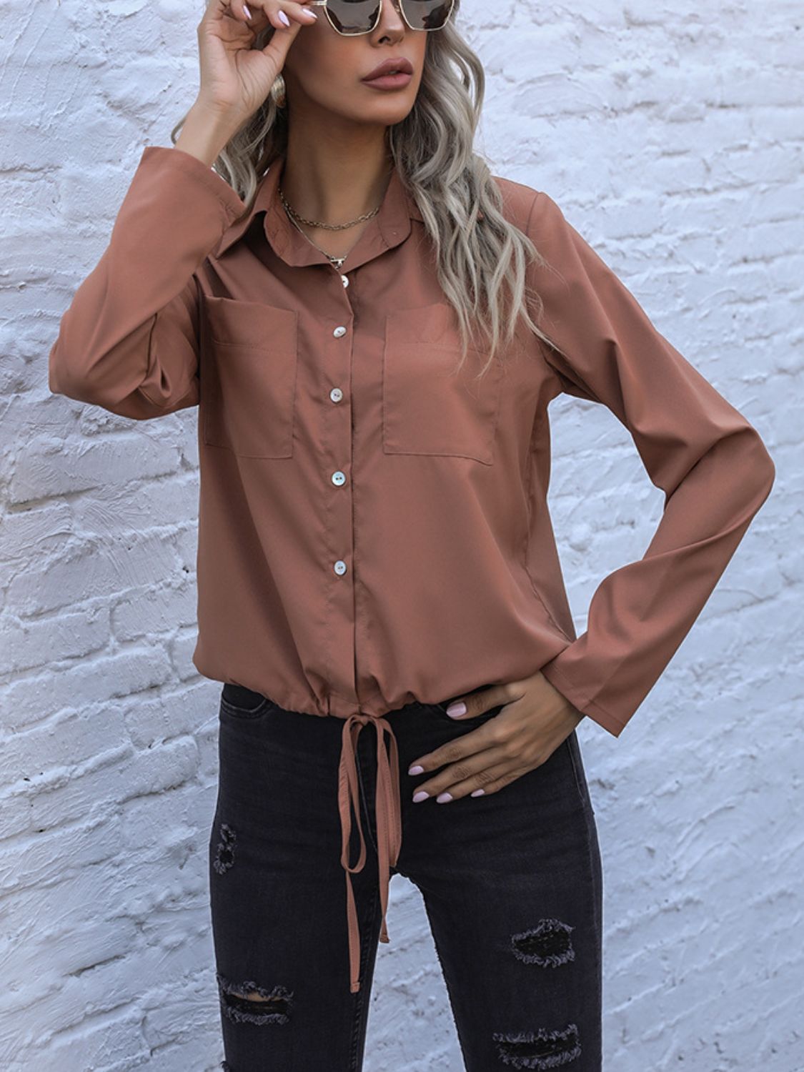 Perfee Tied Hem Button Down Long Sleeve Shirt.