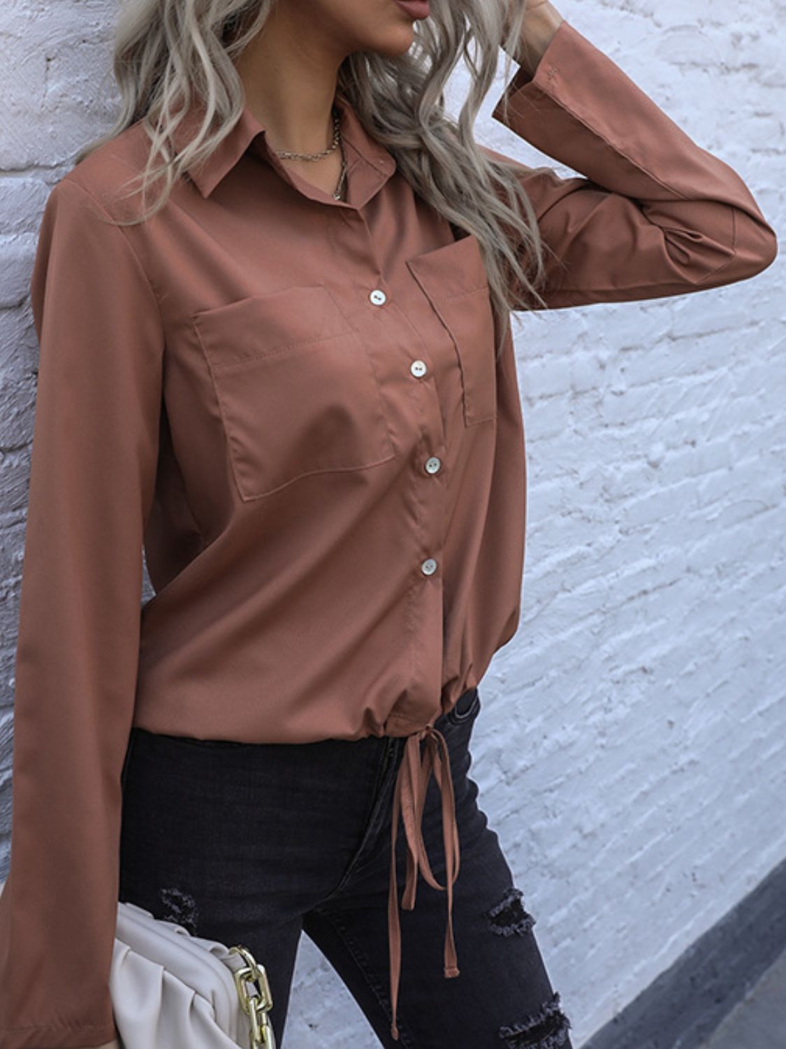 Perfee Tied Hem Button Down Long Sleeve Shirt.