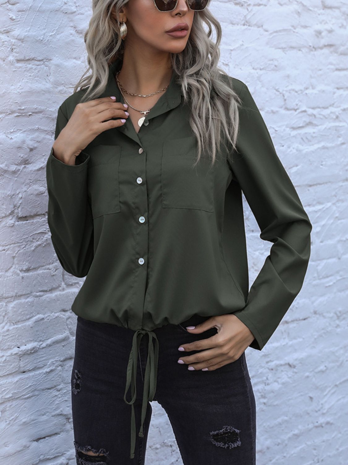 Perfee Tied Hem Button Down Long Sleeve Shirt.
