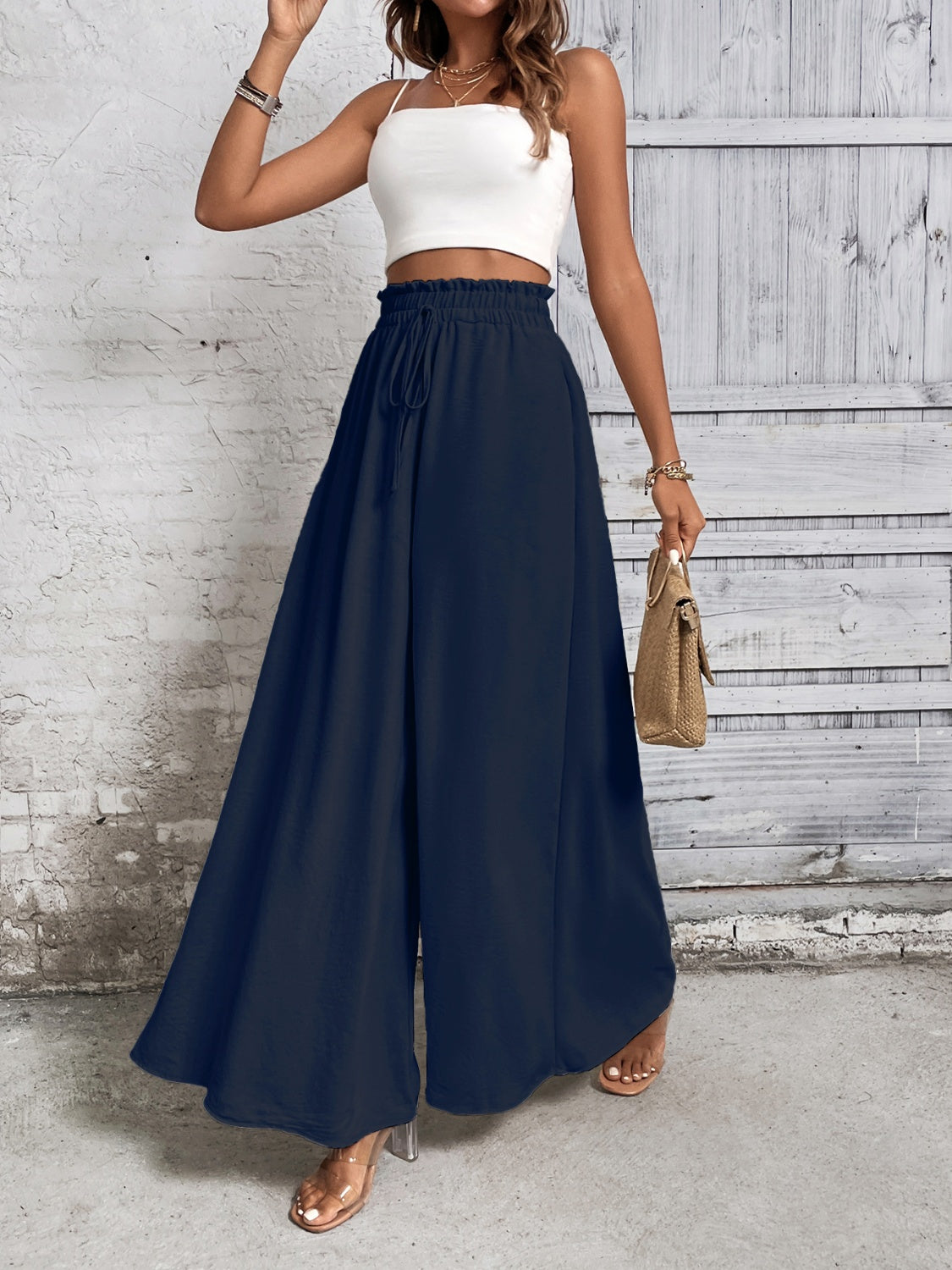 Tied high waist wide leg pants, opaque.