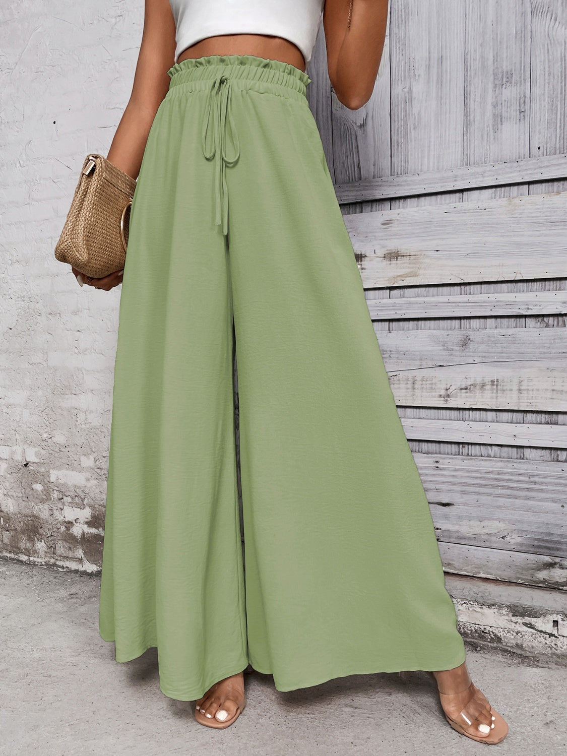 Tied high waist wide leg pants, opaque.