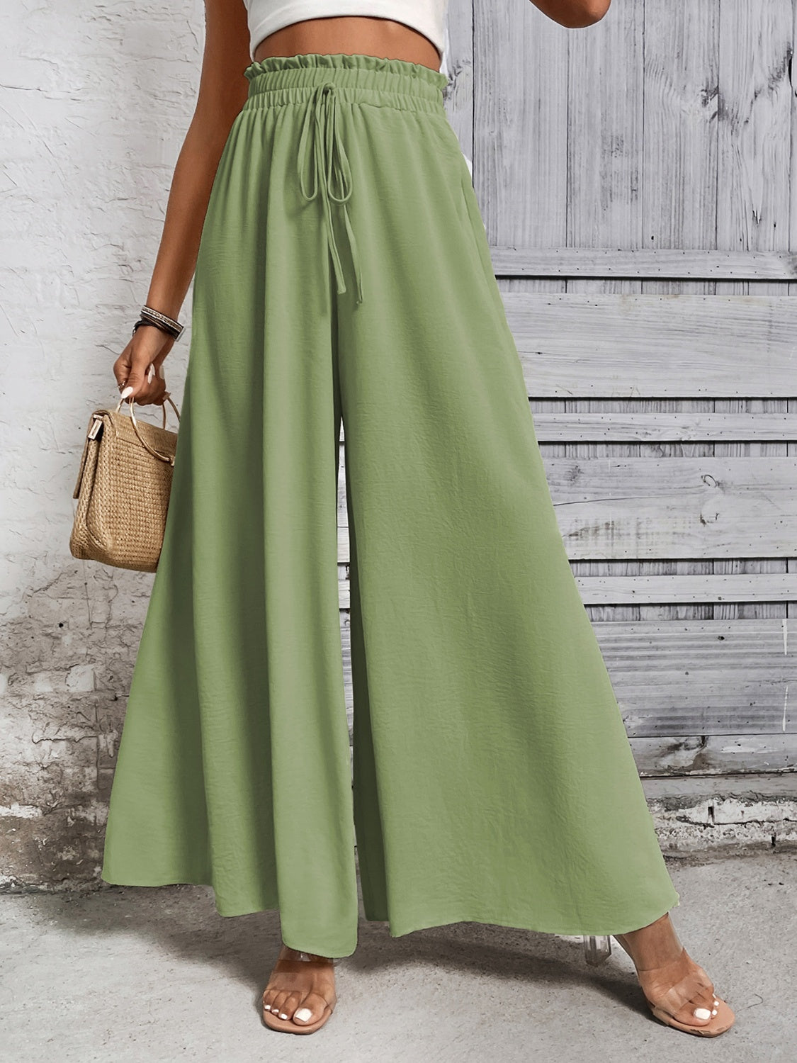 Tied high waist wide leg pants, opaque.