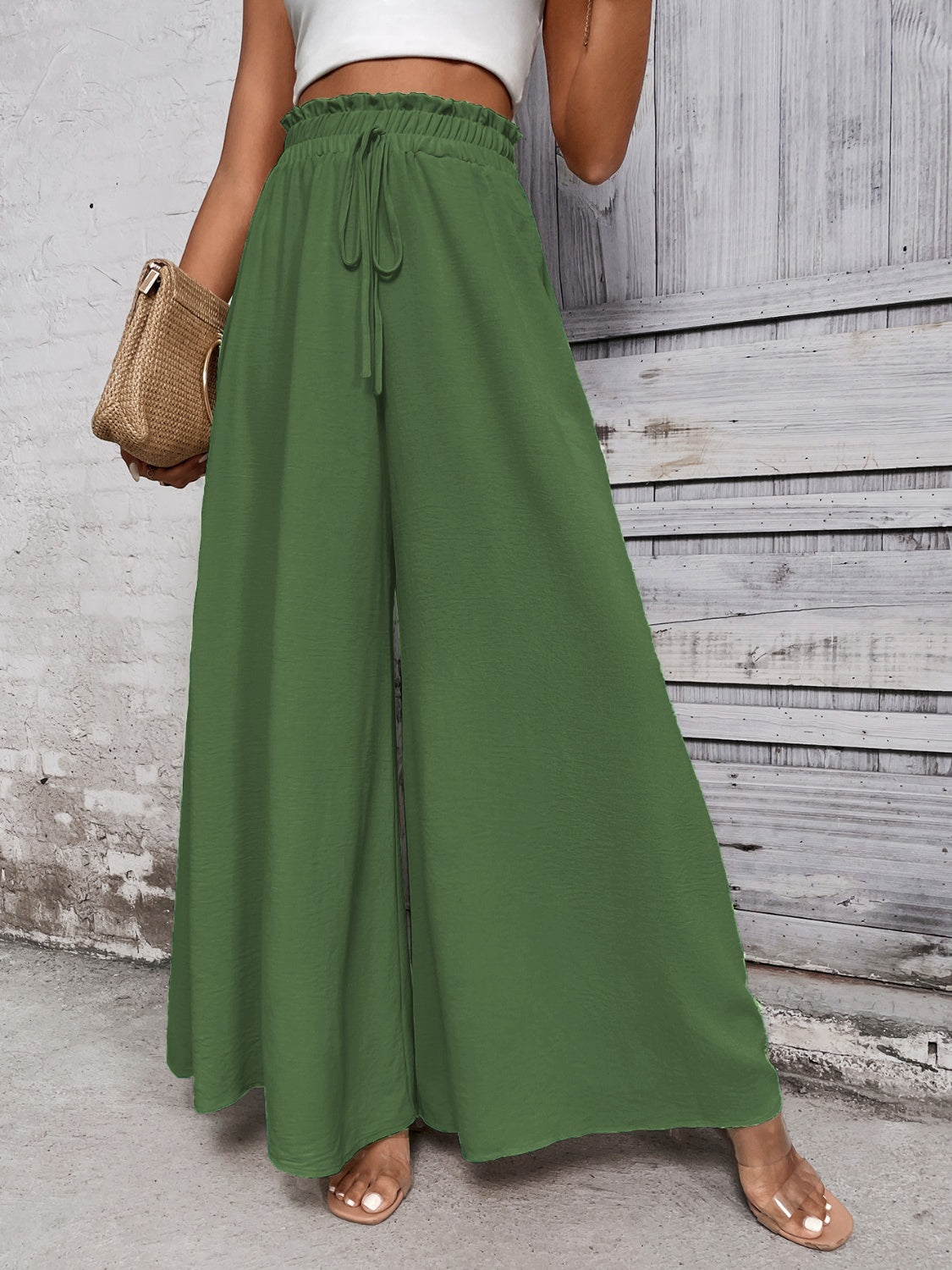 Tied high waist wide leg pants, opaque.