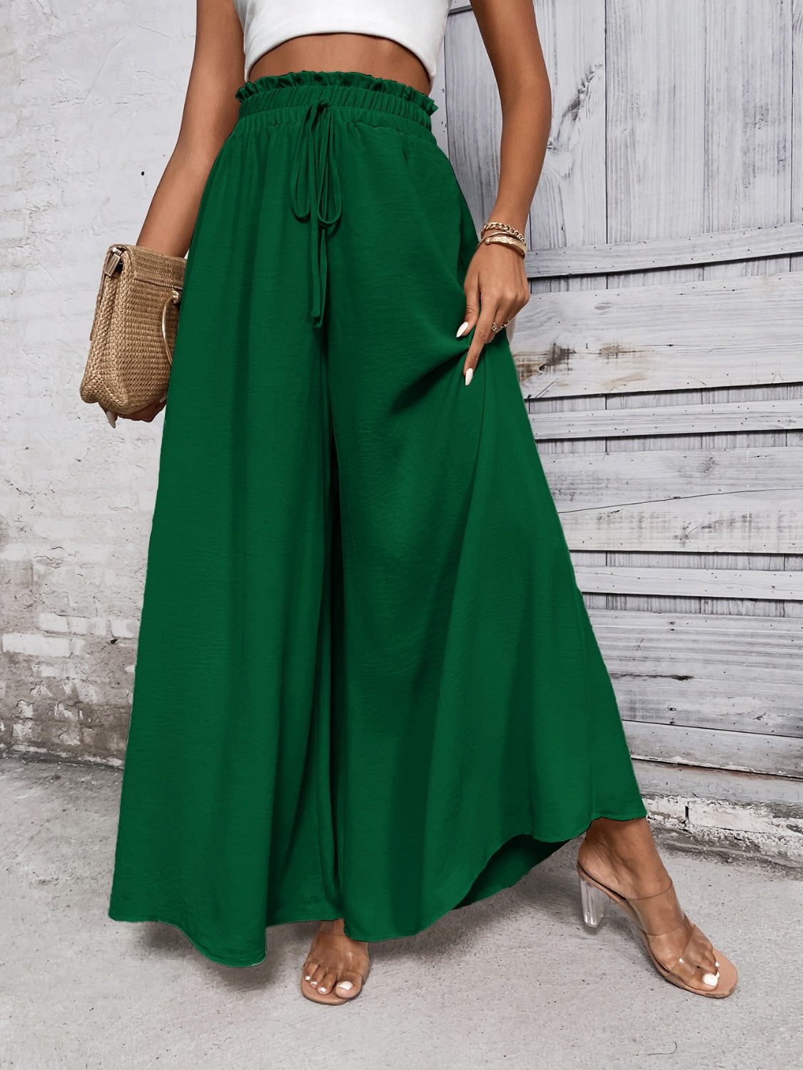 Tied high waist wide leg pants, opaque.
