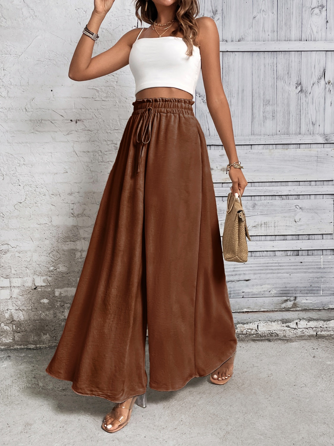 Tied high waist wide leg pants, opaque.