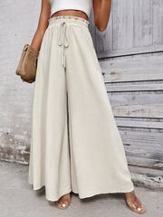 Tied high waist wide leg pants, opaque.