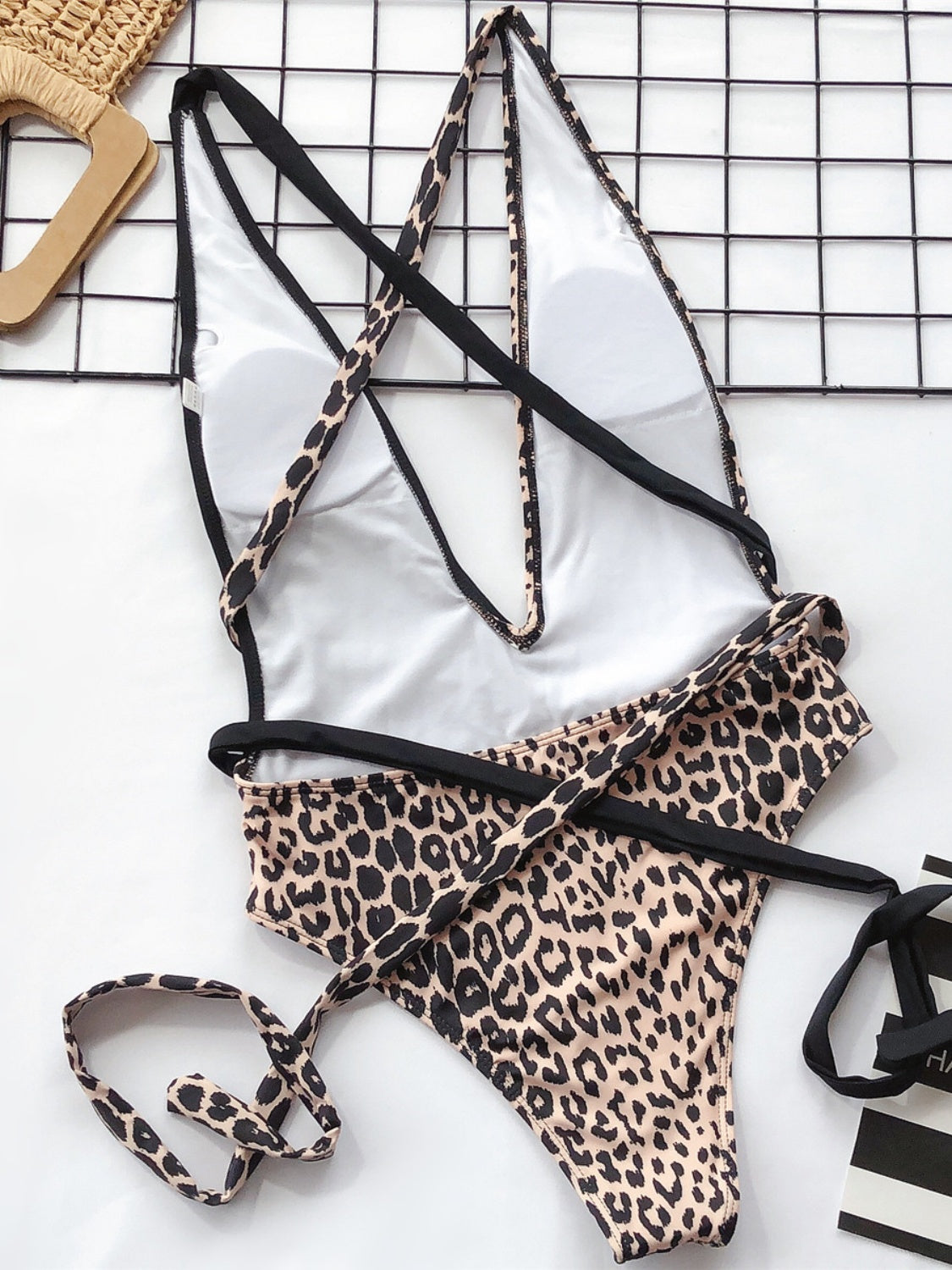 Tied Leopard Plunge One-Piece Swimwear.