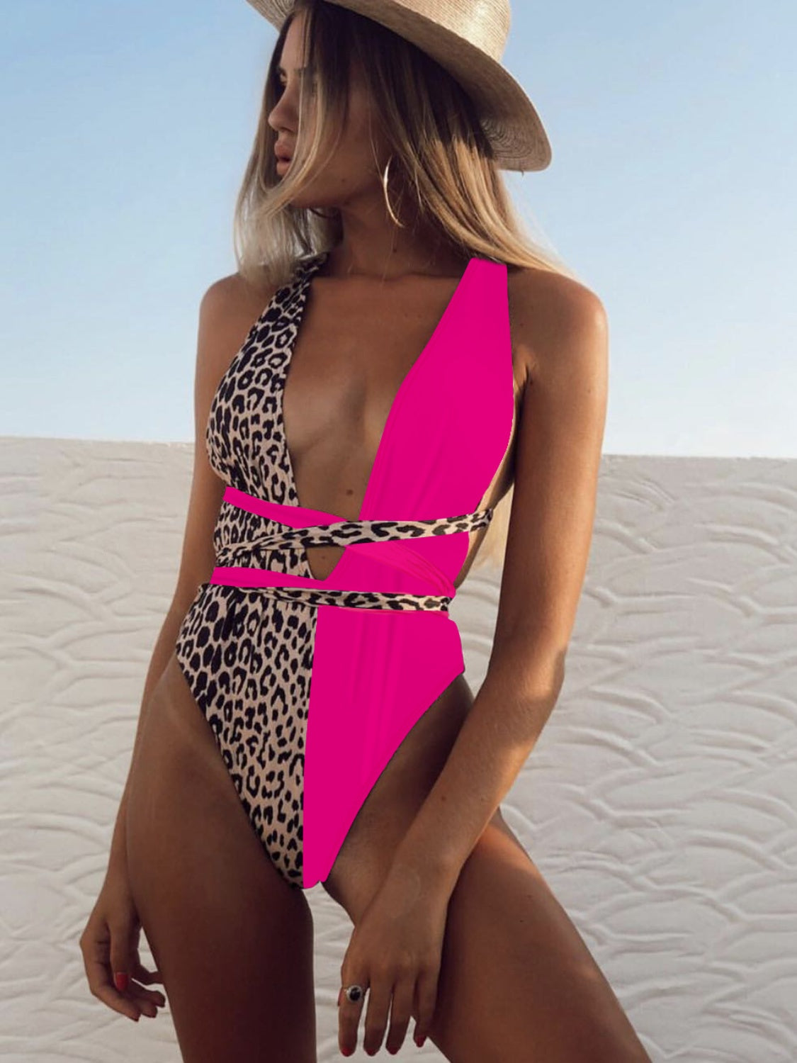 Tied Leopard Plunge One-Piece Swimwear.