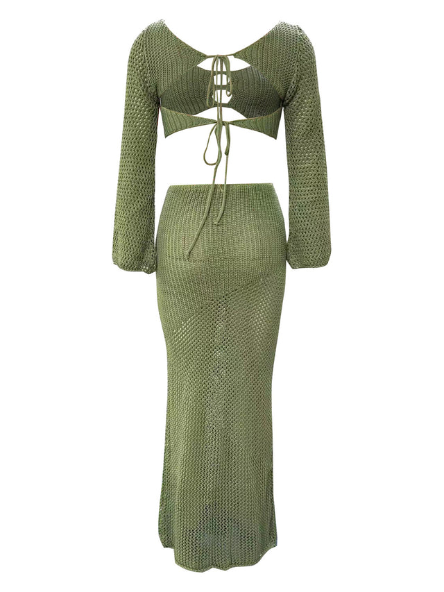 Tied Long Sleeve Top and Skirt Cover Up Set.
