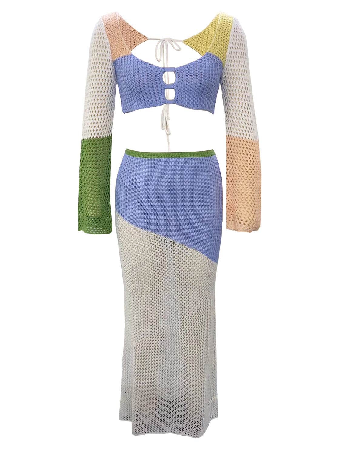 Tied Long Sleeve Top and Skirt Cover Up Set.