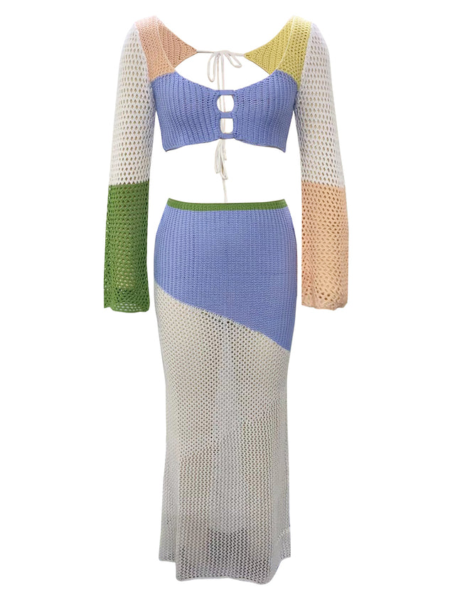 Tied Long Sleeve Top and Skirt Cover Up Set.