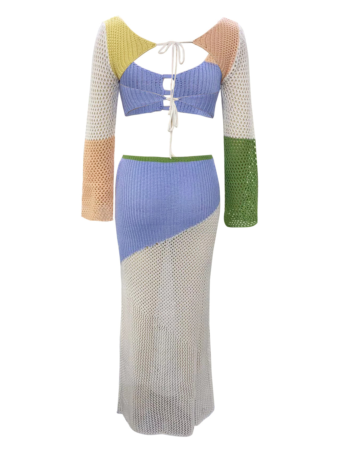Tied Long Sleeve Top and Skirt Cover Up Set.