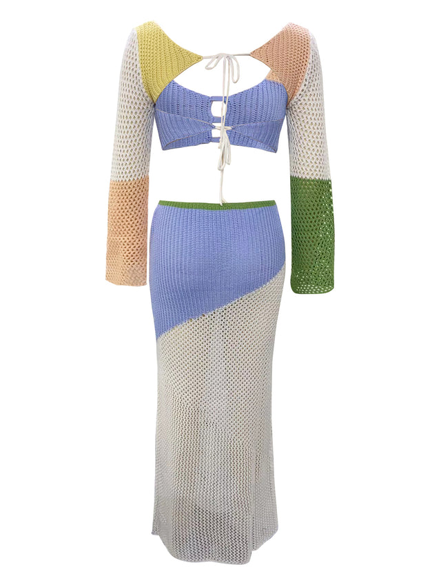 Tied Long Sleeve Top and Skirt Cover Up Set.