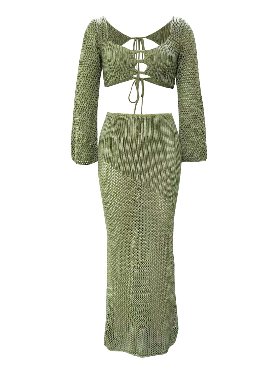 Tied Long Sleeve Top and Skirt Cover Up Set.