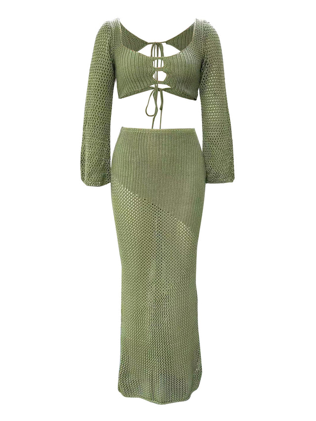 Tied Long Sleeve Top and Skirt Cover Up Set.