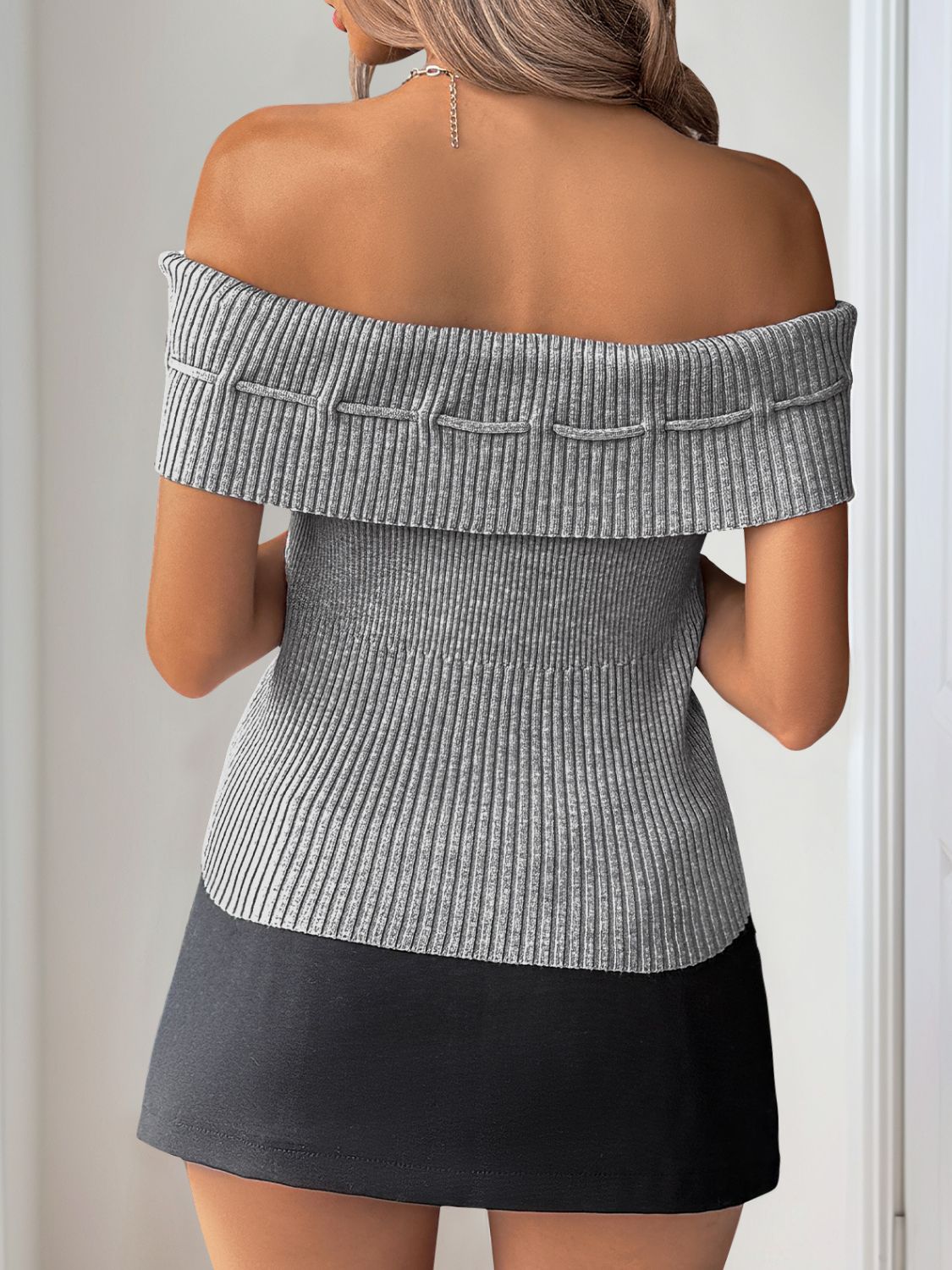 Perfee Tied Off-Shoulder Short Sleeve Knit Top.