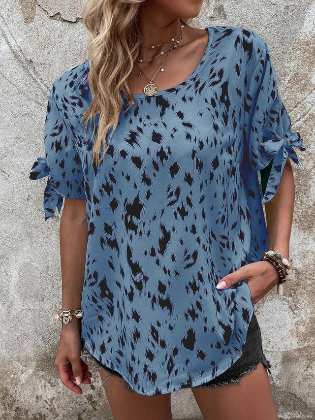 Tied Printed Boat Neck Blouse.