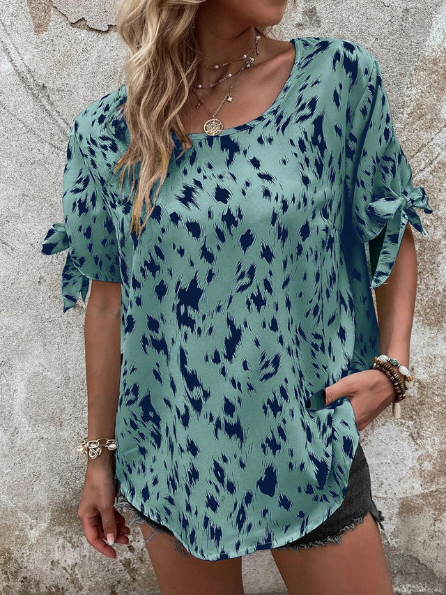 Tied Printed Boat Neck Blouse.
