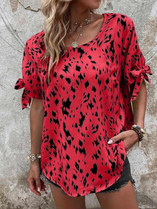 Tied Printed Boat Neck Blouse.