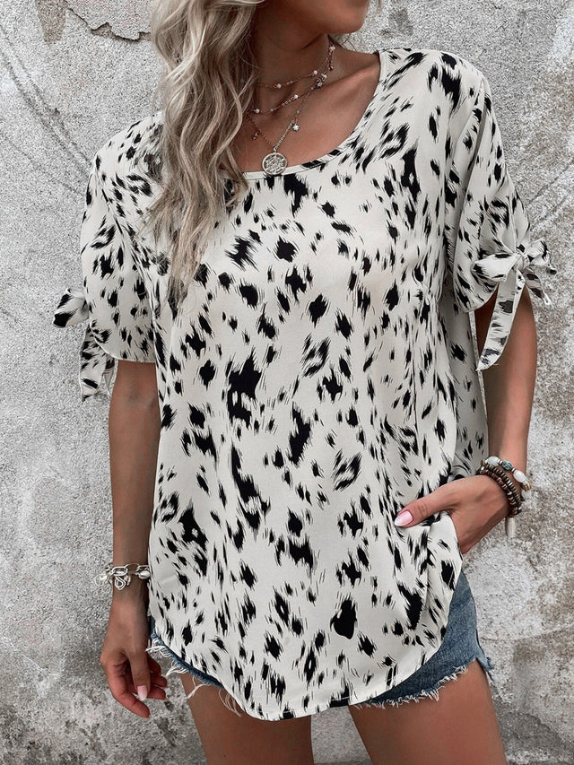 Tied Printed Boat Neck Blouse.
