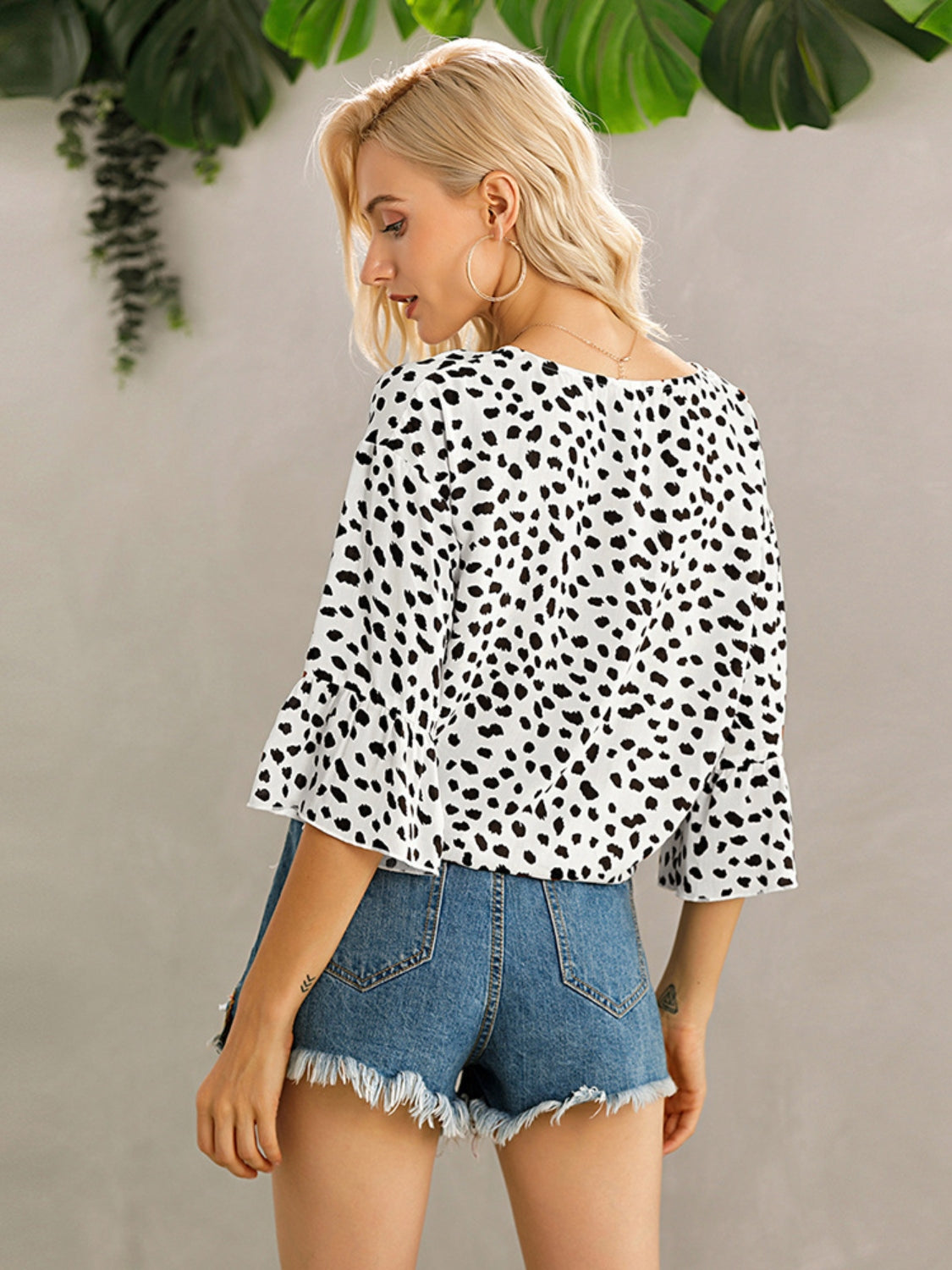 Ivy Lane Tied Printed Button Up V-Neck Blouse.