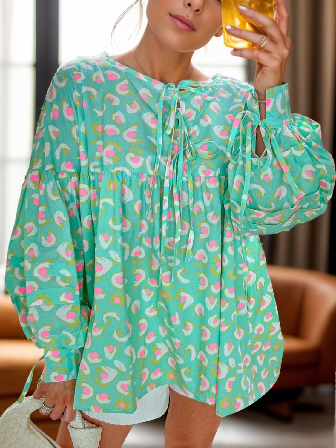 Tied Printed Long Sleeve Blouse.
