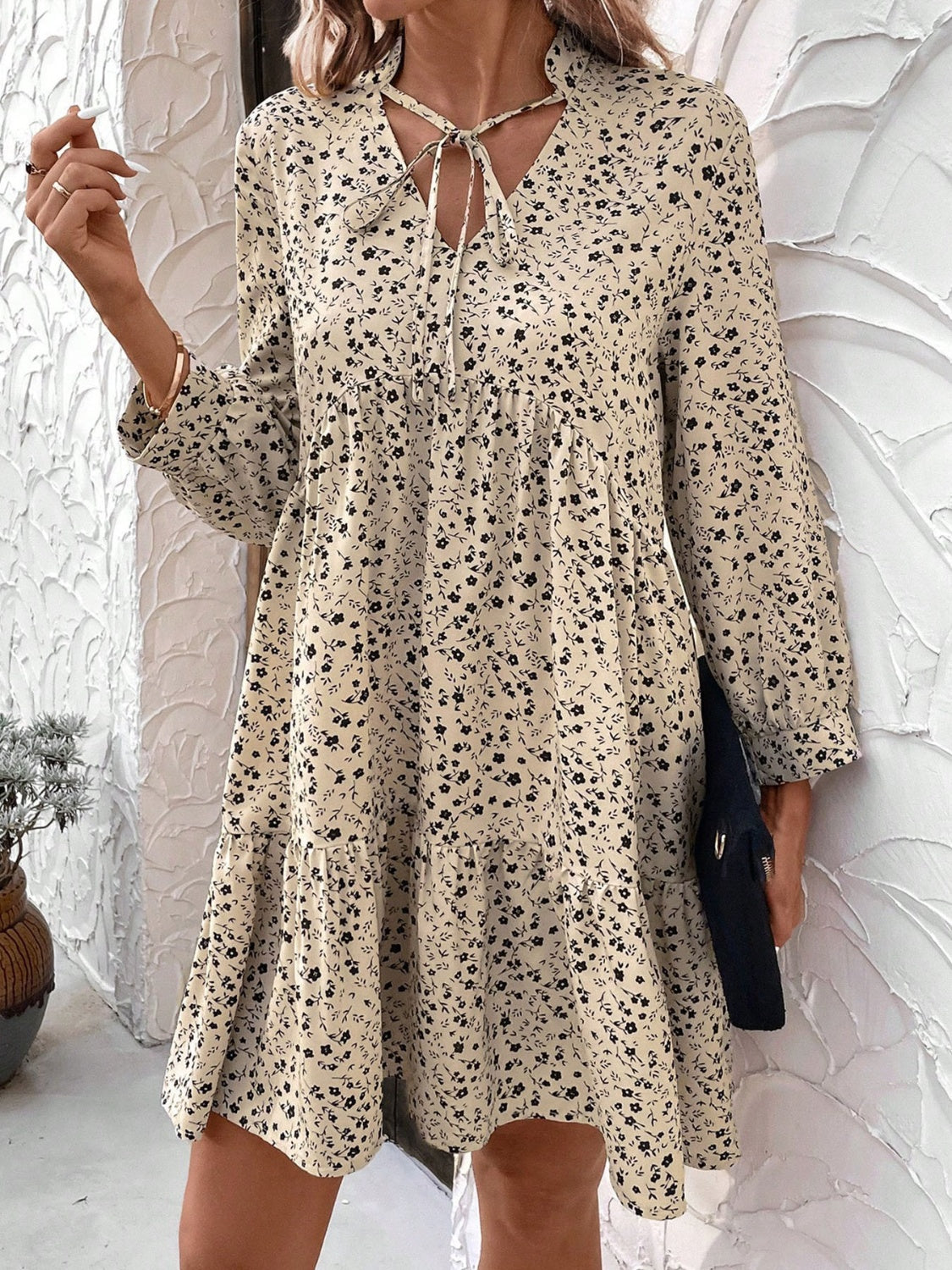 Tied Printed Long Sleeve Mini Dress.