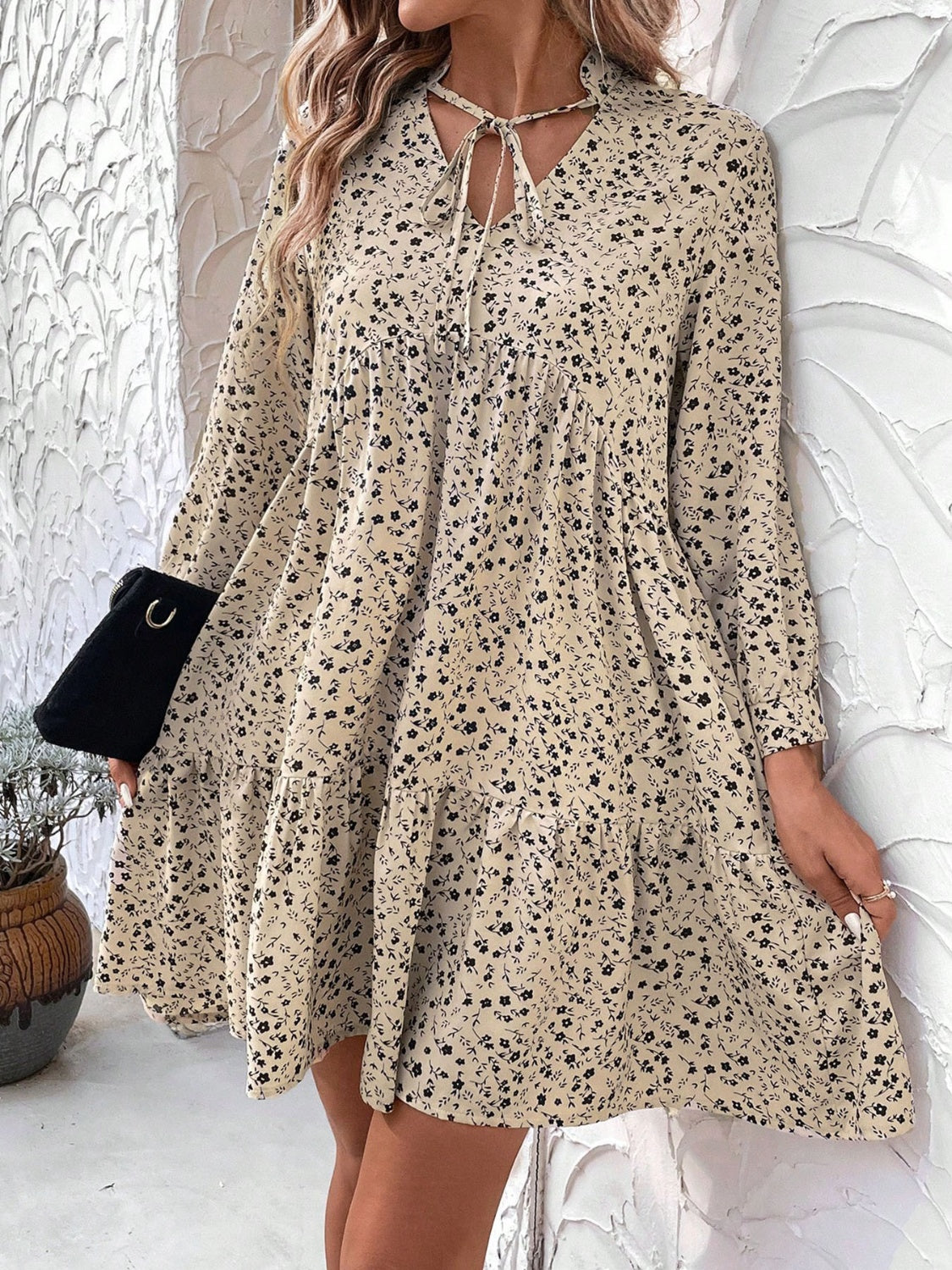Tied Printed Long Sleeve Mini Dress.