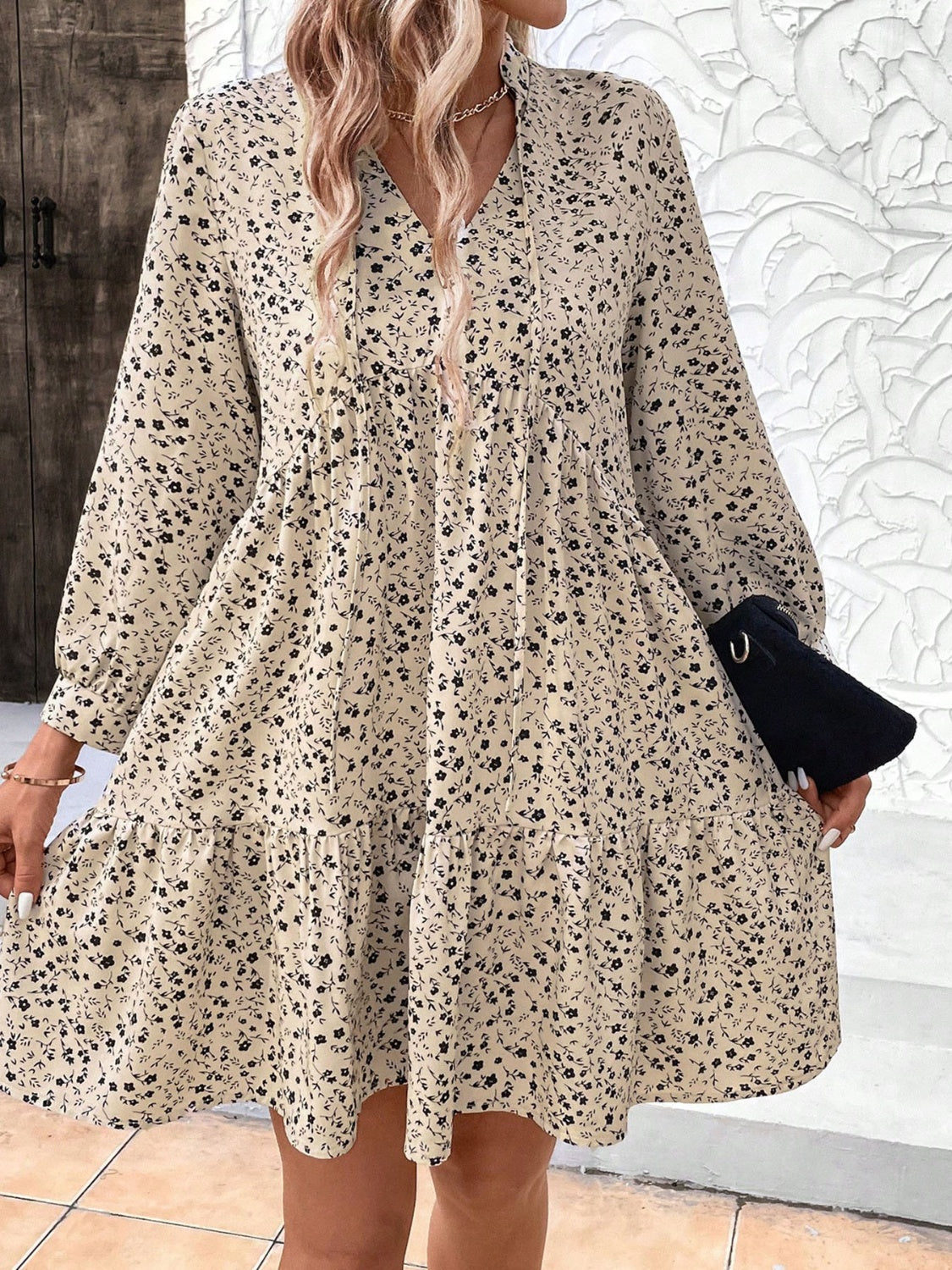 Tied Printed Long Sleeve Mini Dress.