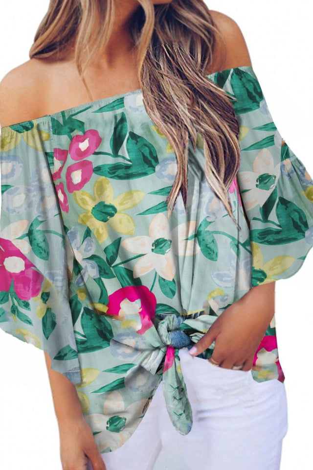 Tied Printed Off-Shoulder Half Sleeve Blouse.