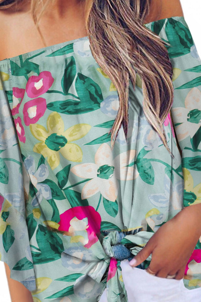 Tied Printed Off-Shoulder Half Sleeve Blouse.