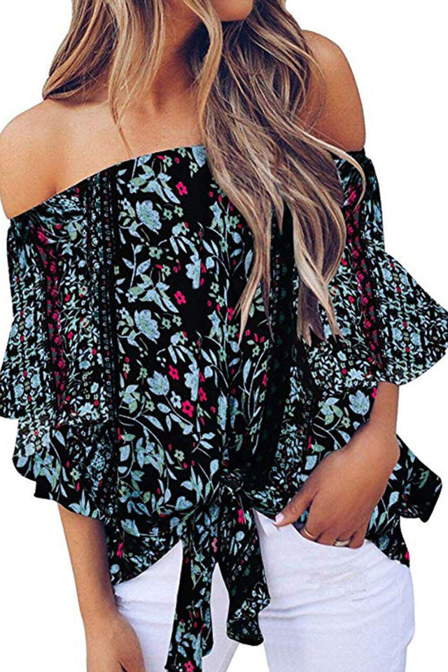 Tied Printed Off-Shoulder Half Sleeve Blouse.