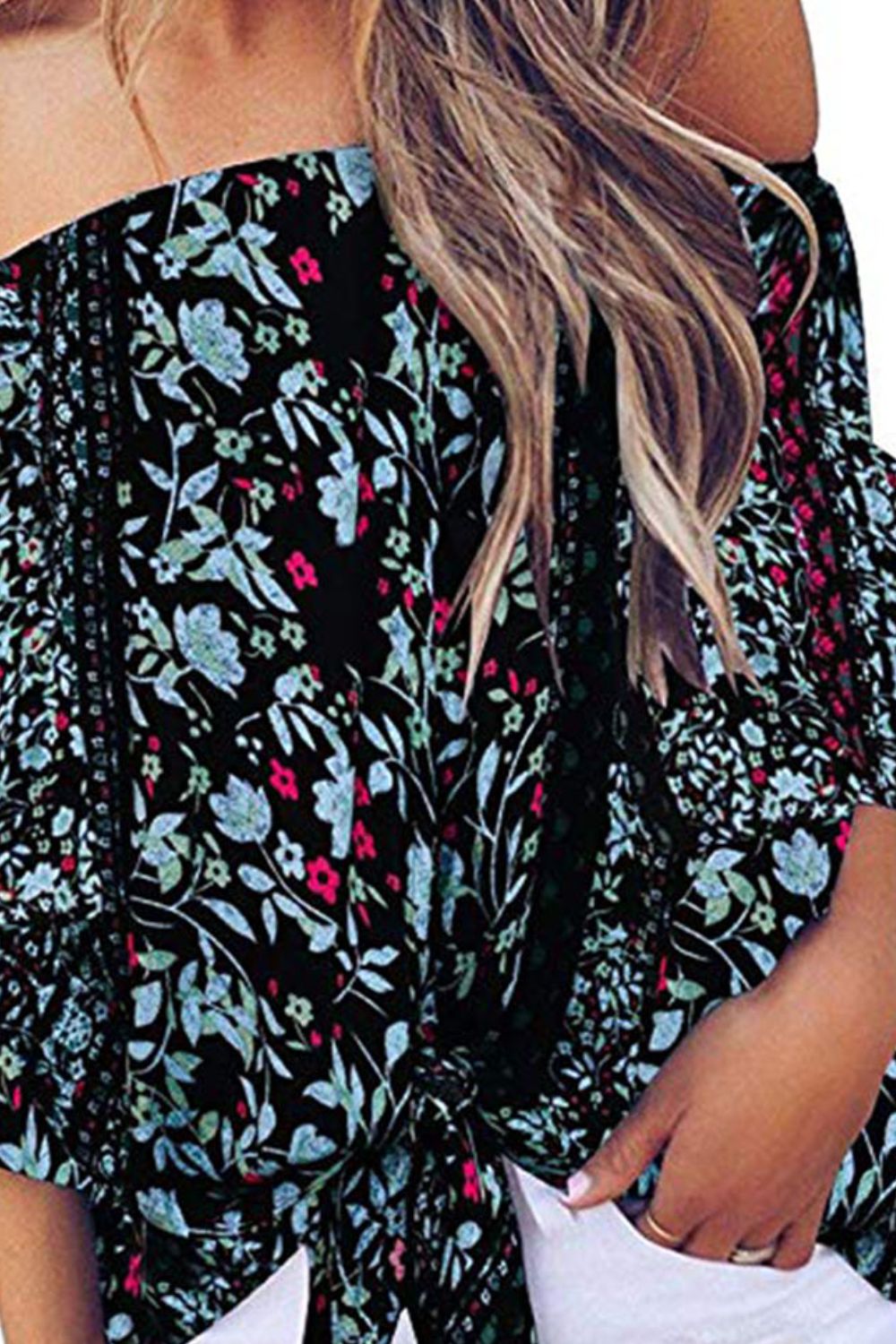 Tied Printed Off-Shoulder Half Sleeve Blouse.