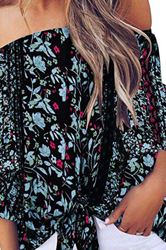 Tied Printed Off-Shoulder Half Sleeve Blouse.