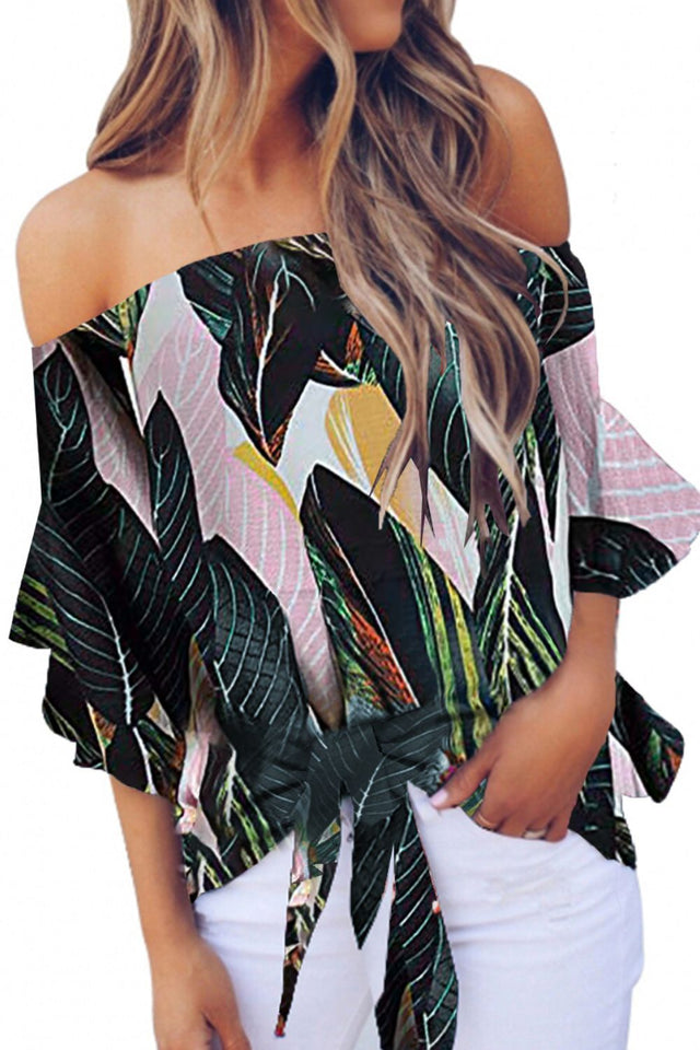 Tied Printed Off-Shoulder Half Sleeve Blouse.