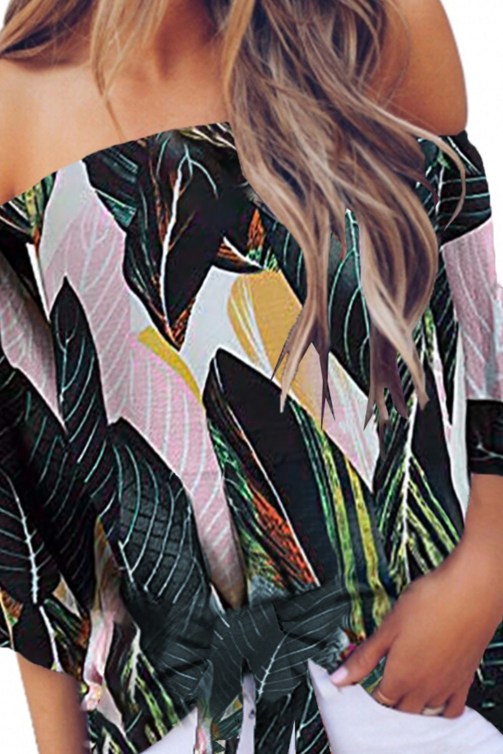 Tied Printed Off-Shoulder Half Sleeve Blouse.