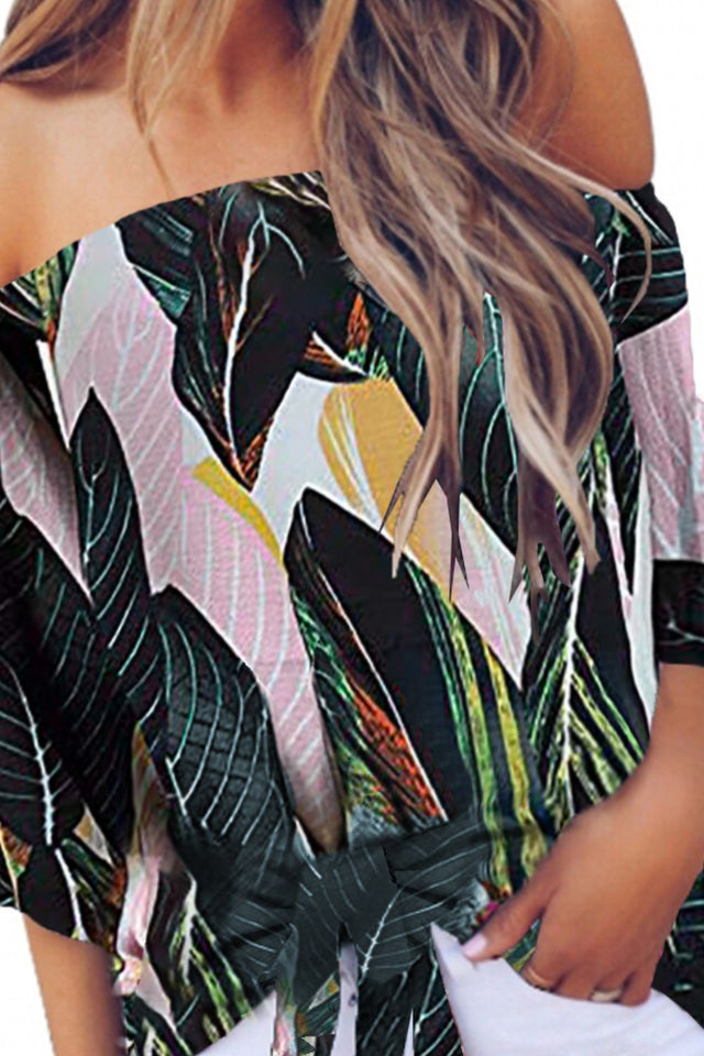 Tied Printed Off-Shoulder Half Sleeve Blouse.