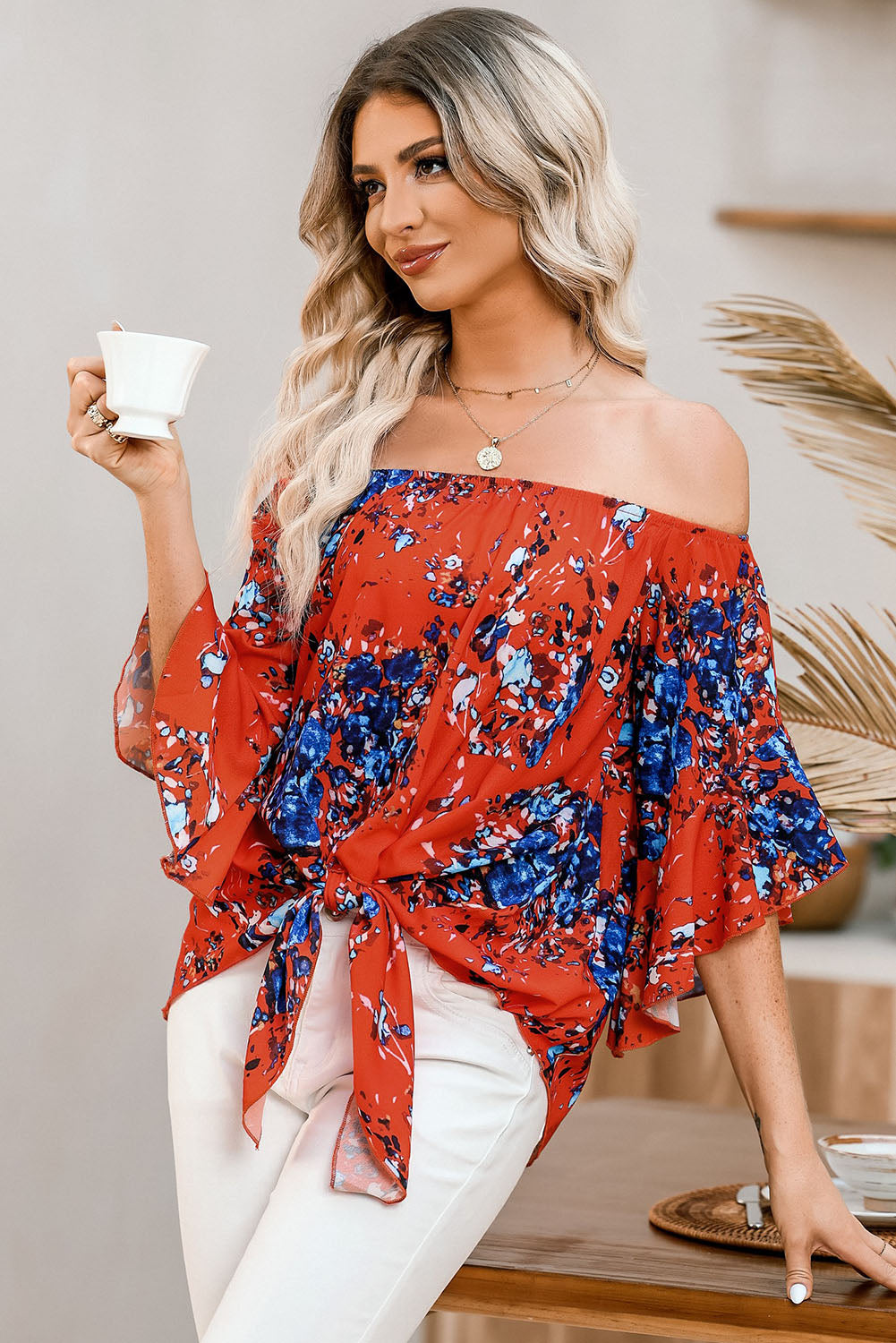 Tied Printed Off-Shoulder Half Sleeve Blouse.