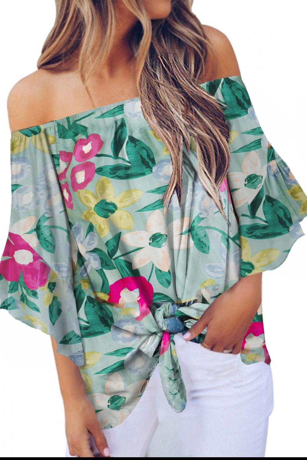 Tied Printed Off-Shoulder Half Sleeve Blouse.