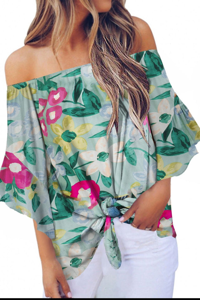 Tied Printed Off-Shoulder Half Sleeve Blouse.