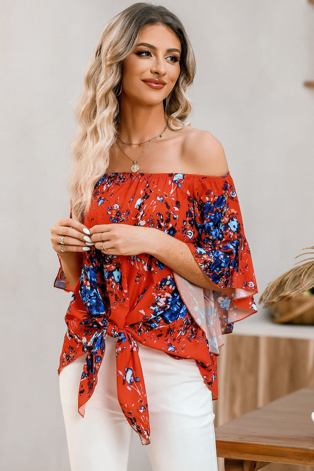 Tied Printed Off-Shoulder Half Sleeve Blouse.