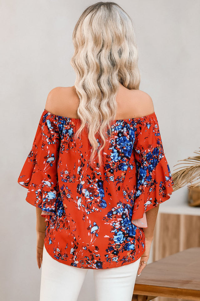Tied Printed Off-Shoulder Half Sleeve Blouse.