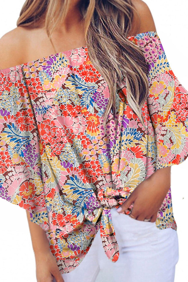 Tied Printed Off-Shoulder Half Sleeve Blouse.