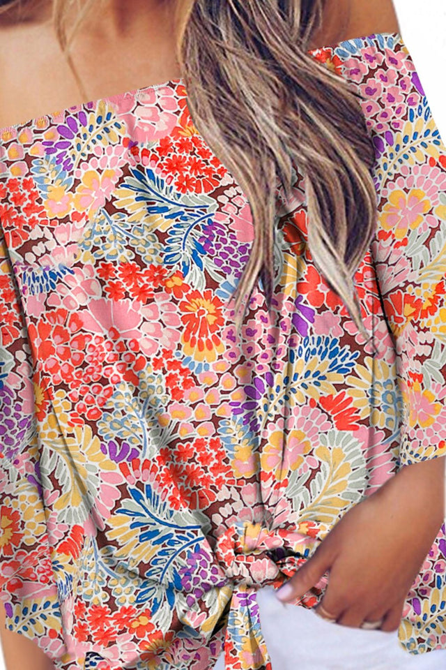 Tied Printed Off-Shoulder Half Sleeve Blouse.
